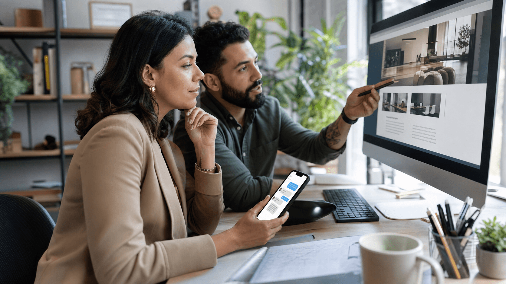 Empresaria e especialista avaliando presenca digital, site e atendimento com apoio de inteligencia artificial.
