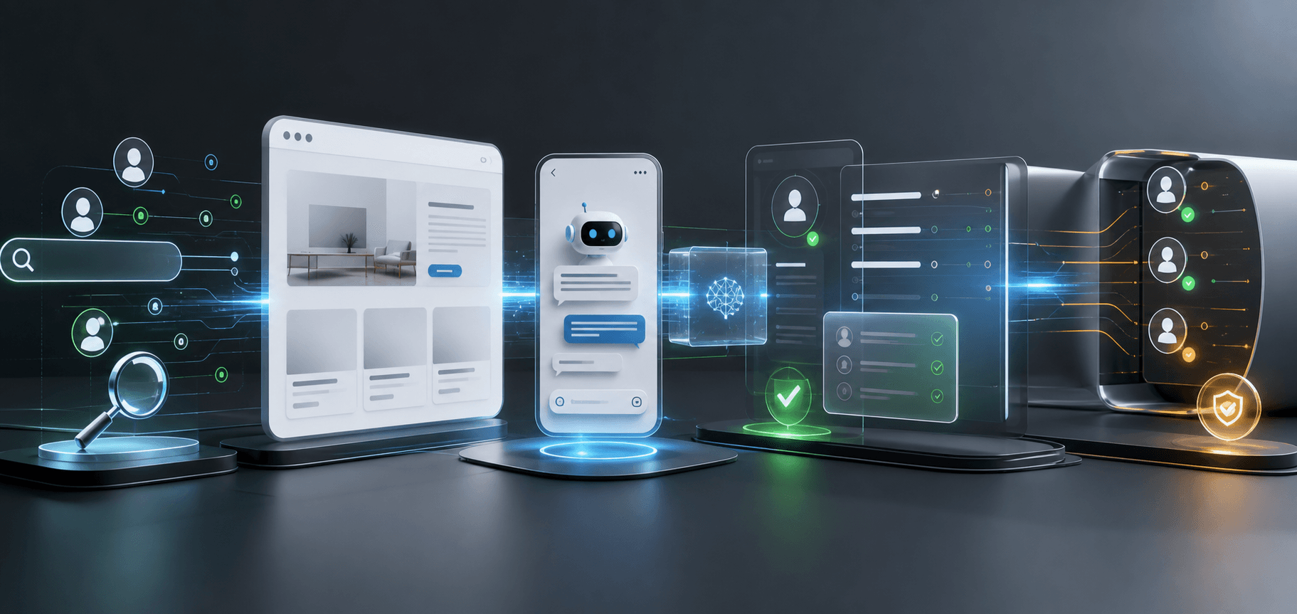 Jornada digital conectando busca, site rápido, chatbot, IA e CRM para atendimento comercial
